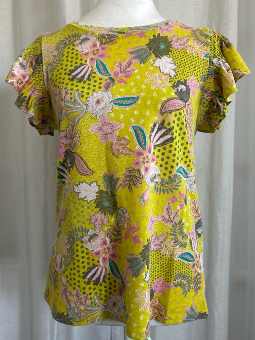 LOFT Floral Flutter Sleeve Blouse in Chartreuse and Pink